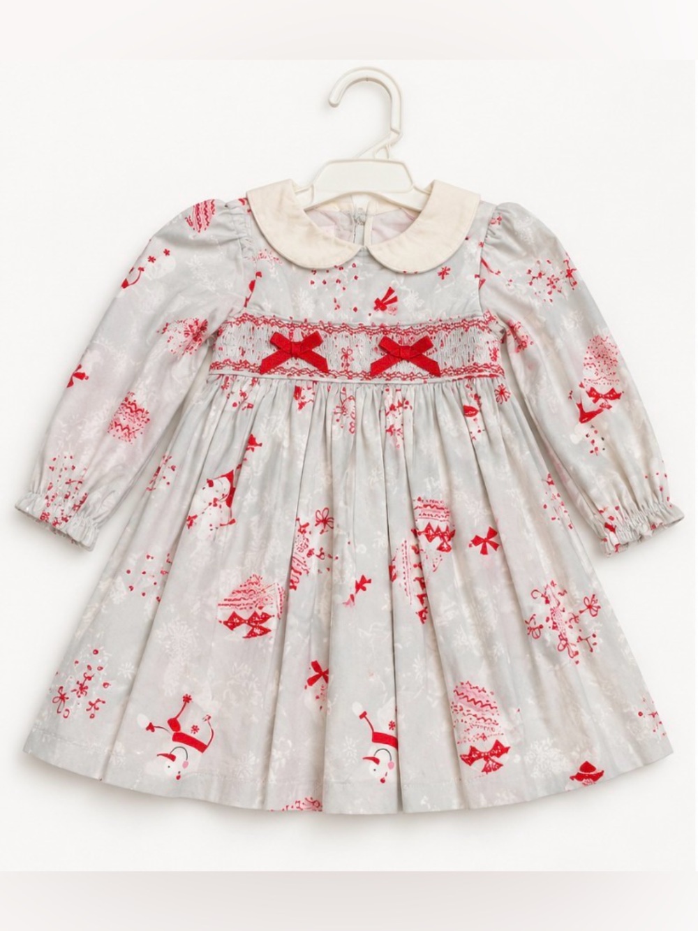 Bonne Baby Girls Christmas Holiday Smocked Dress 12M Red Gray Long Sleeve